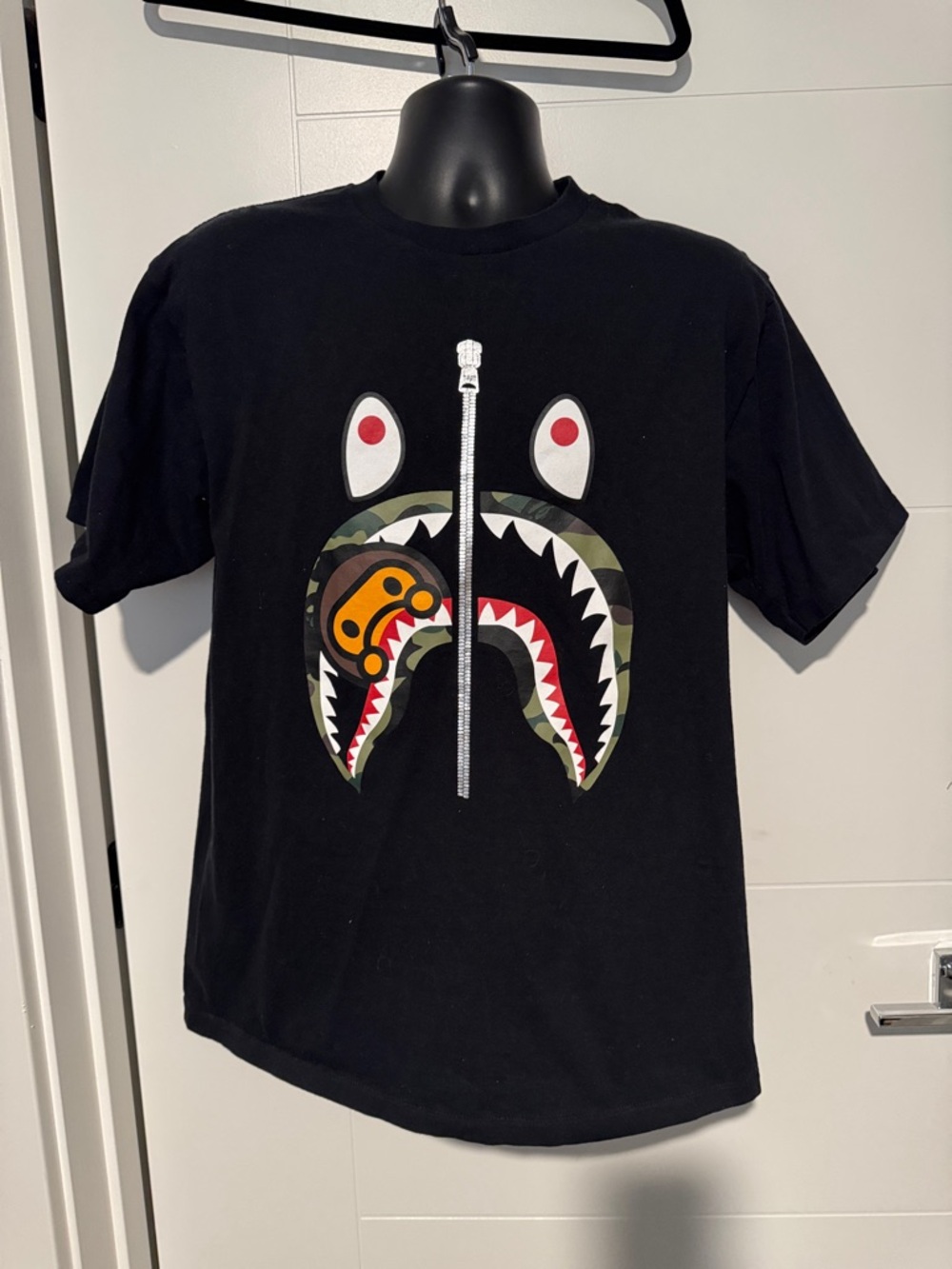 Bape Black Shark-Zip Tee with Camouflage & Red Accents